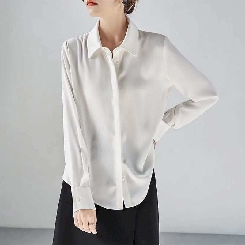 Chiffon Shirts for Women Vintage Long Sleeved Solid Polo-Collar Casual Korean Style Single Breasted One Piece Blouse Women Tops