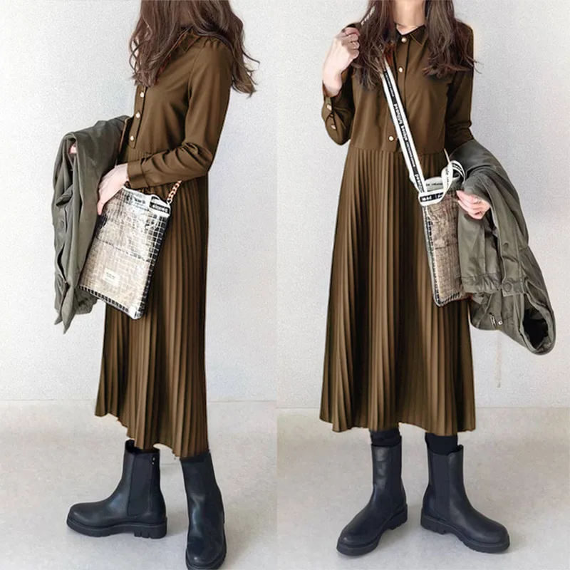 Spring Autumn Long-sleeved Turn-up Collar Shirt Dress Pleated Panels Women Clothing Design Loose Dresses Vestidos Vintage Dress