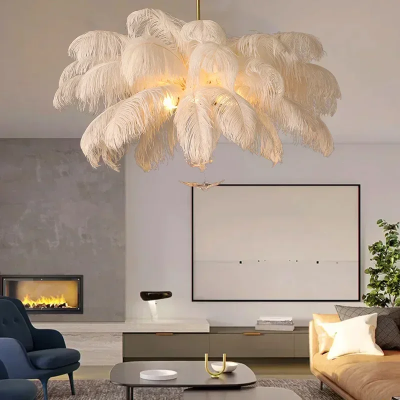 Nordic White Ostrich Feather Pendant Light Modern Led Ceiling Chandelier for Living Dining Room Children\'s Bedroom Hanghing Lamp