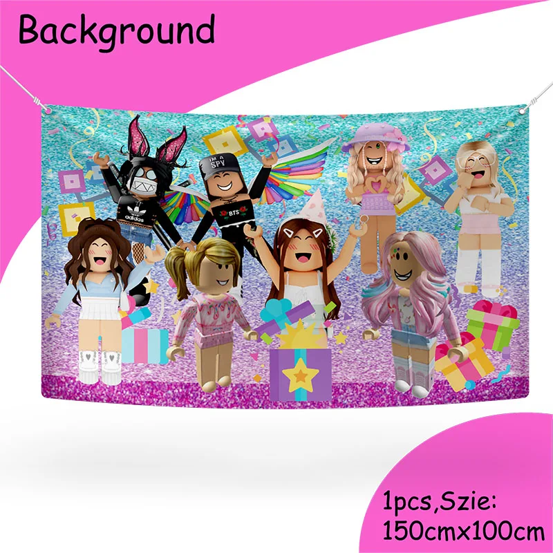 Purple Pink Robloxed Cartoon Birthday Background Party Decoration Items Shoot Venue Layout Props Birthday Decor Curtain Props