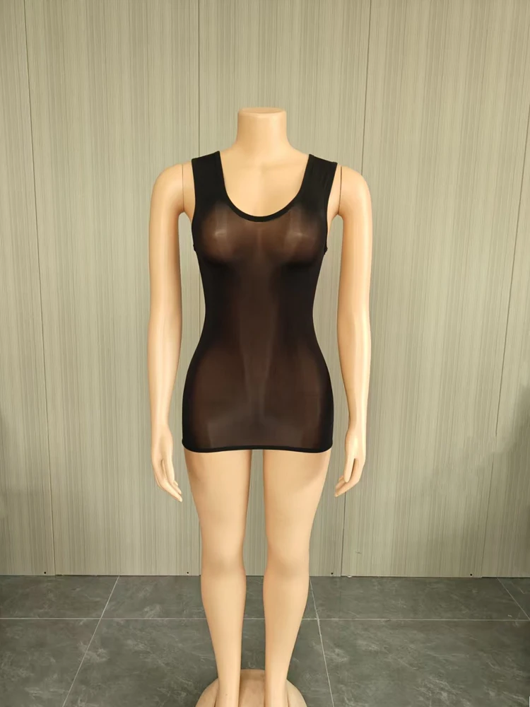 JENYAGE Sexy glänzendes, transparentes Tank-Minikleid für Damen, Stretch-Mesh, figurbetont, für Nachtclubs, ärmellos, mit Rundhalsausschnitt, durchsichtiges Partykleid – Detail 3