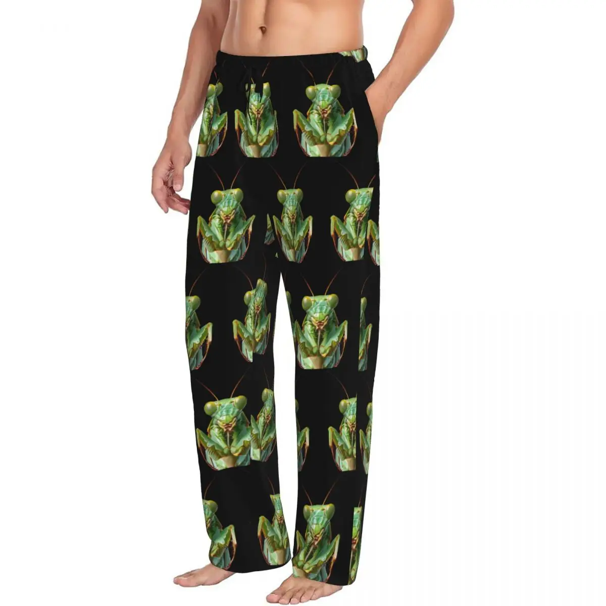 Custom Green Praying Mantis, Eerie Insect Art Men Pajama Pants Lounge Sleep Sleepwear Bottoms with Pockets