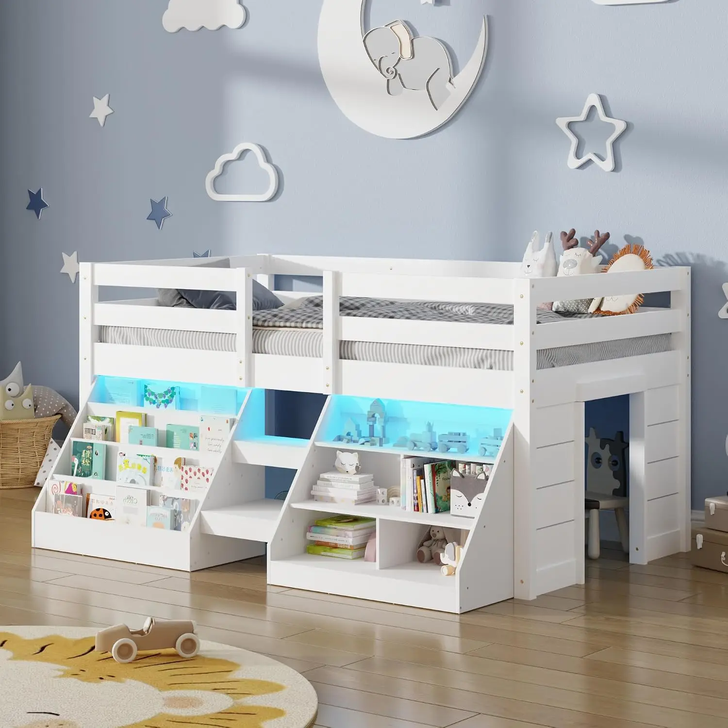 Twin Low Loft Bed with LED Lights, Stairs, Bookcase, Guardrail & Under-Bed Play Space, White, Customized