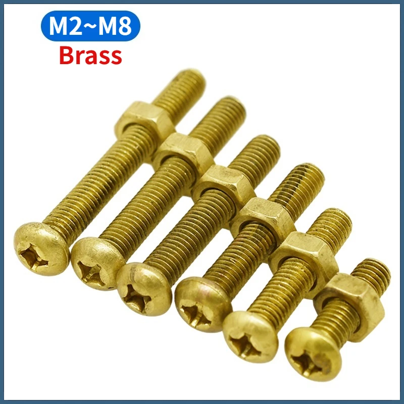 Brass Pan Head Phillips Machine Screws Round Head Bolts with Hexagon Full Nuts Combination Set M2 M2.5 M3 M4 M5 M6 M8