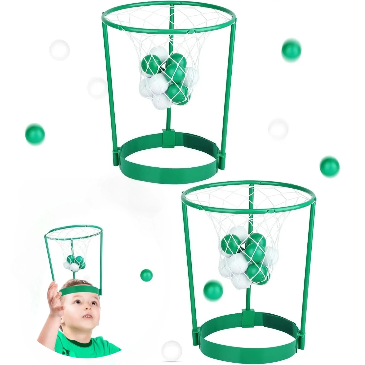 Juego de fiesta de baloncesto con aro para la cabeza para niños y adultos, diadema de red de cesta portátil con bolas para cumpleaños, interiores y exteriores, 2 uds.