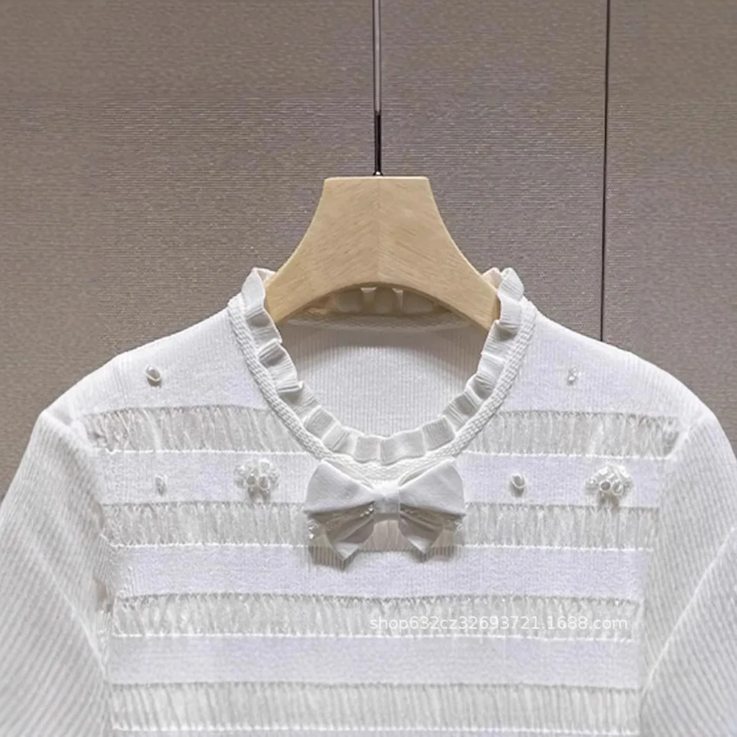 2025 Summer New White Bead bow Knitted Short-sleeve Tshirt Top Fashion Casual Versatile Women's High-end Elastic KnitwearT-shirt