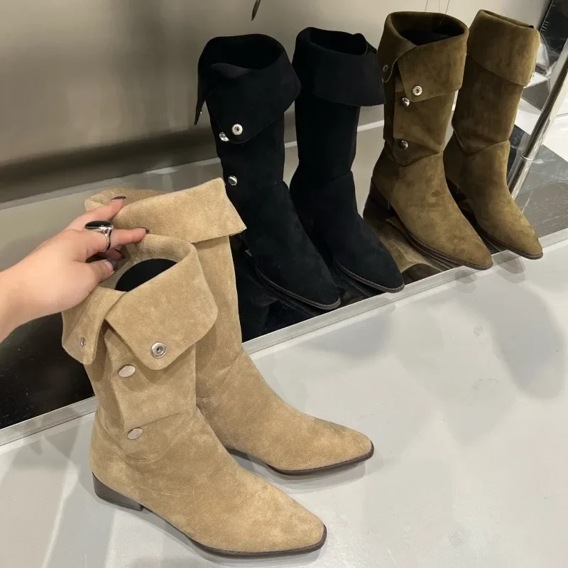 

Women Suede Leather Cowboy Boots with Rivets Buttons Sliding Buttons Knee High Boots Pointed Midpiece Thick Heels Knight Boots