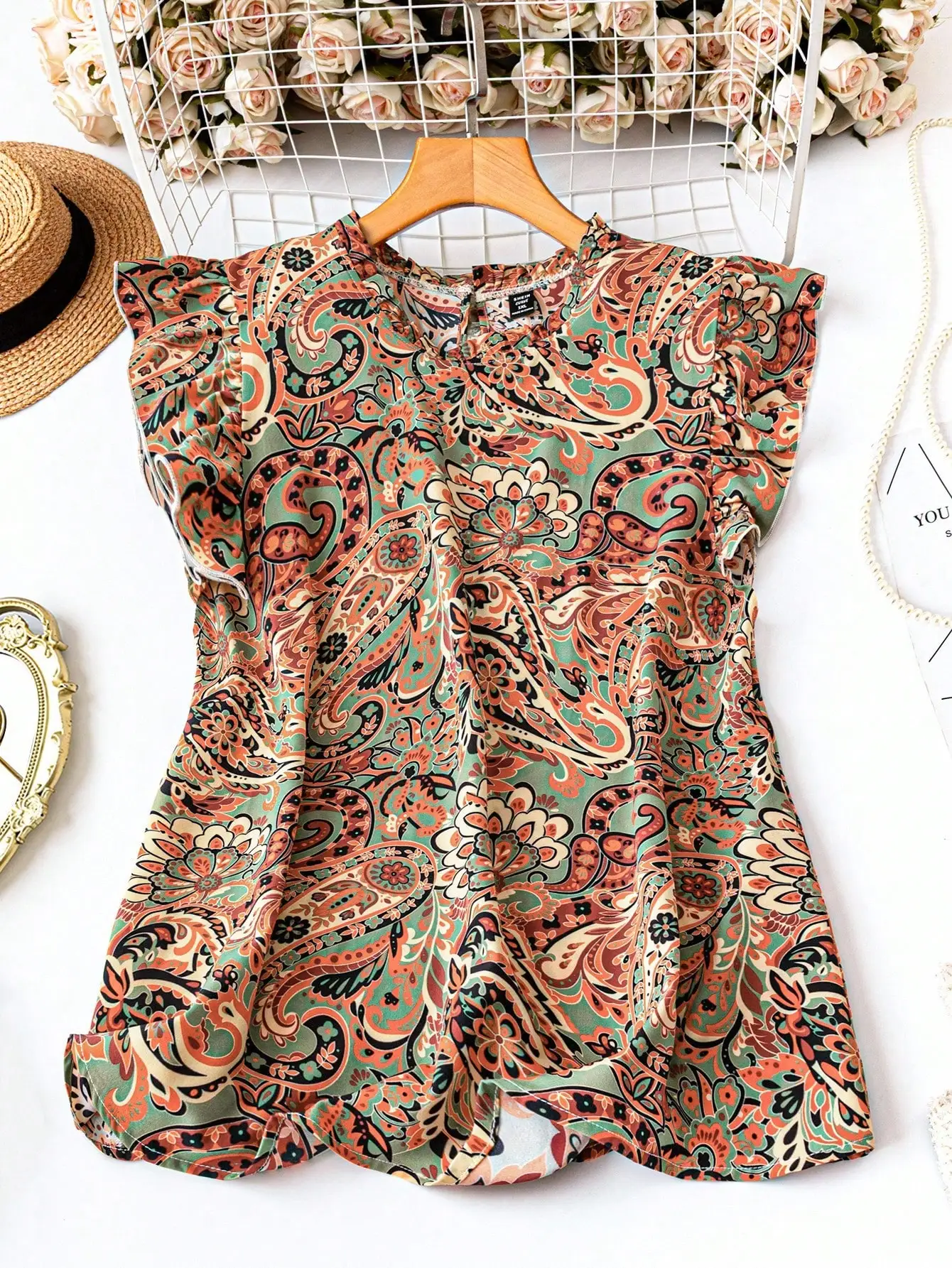 

Women's Plus Size Paisley Floral Ruffled Round Neck Flutter Sleeve Loose Blouse Summer