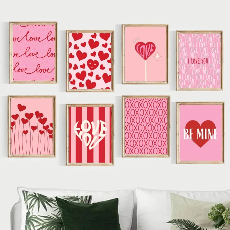 1pc frameless Canvas Painting Valentines Day Pink Romantic Loving Heart Posters and Print Canvas Painting Wall Art Picture for C