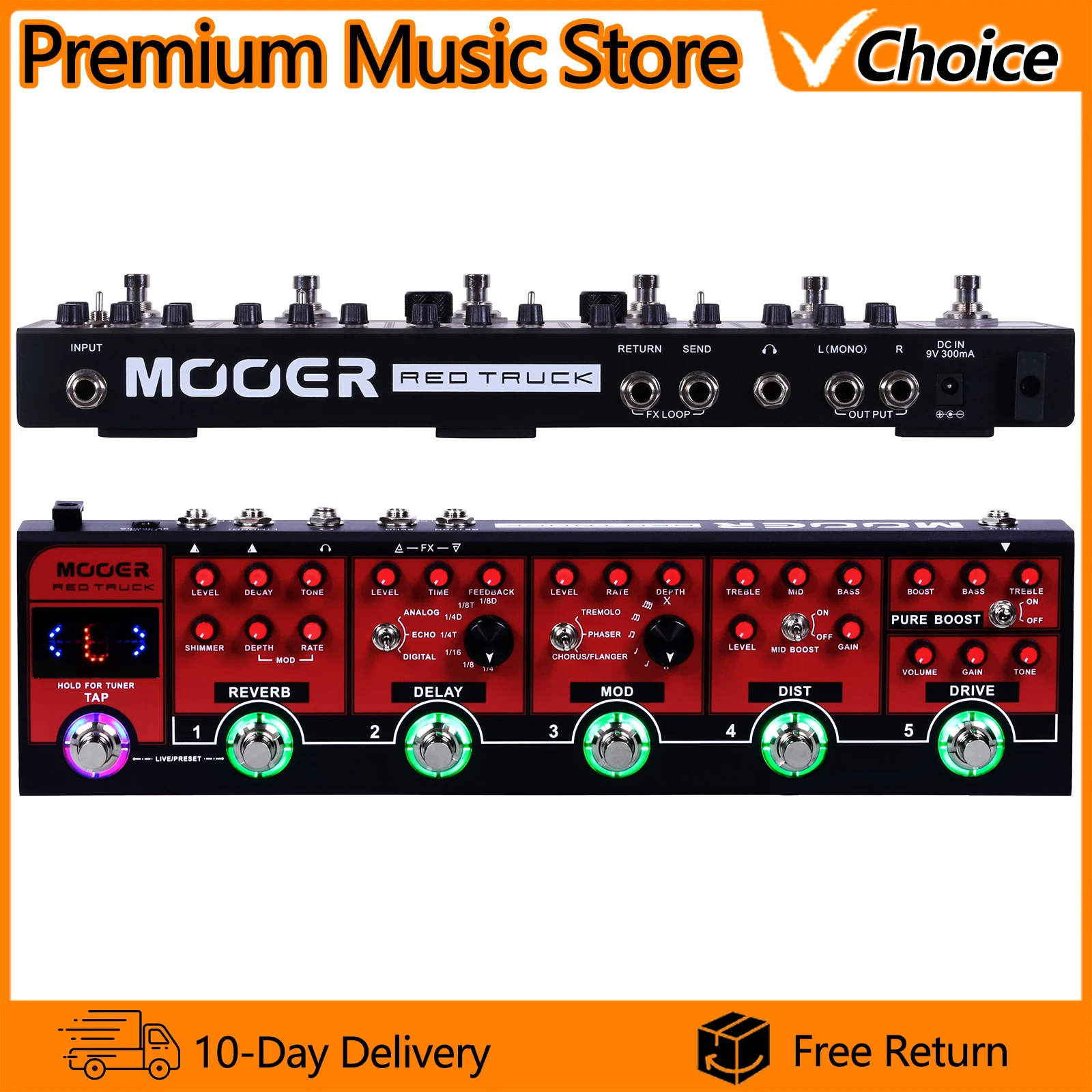 MOOER Red Truck Combined Multi-Effects Pedal Electric Guitar Effect Pedal Built-in Pure Boost Drive Dist Mod Delay Reverb Tuner