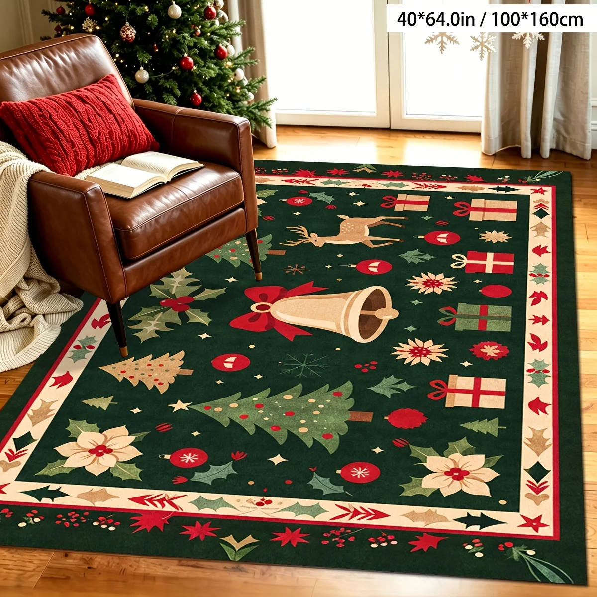 2D Flat Christmas Area Rug, Dark Green Background Bell Deer Gift Tree Print, Floor Decor for Living Room Bedroom