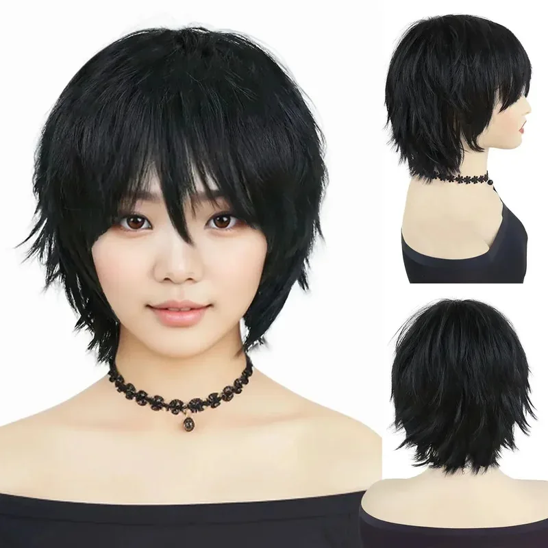 여성용 짧은 검은 가발 합성 머리 코스프레 앞머리 샤그 곱슬 헤어 스타일 애니메이션 의상 파티 할로윈 가발 자연