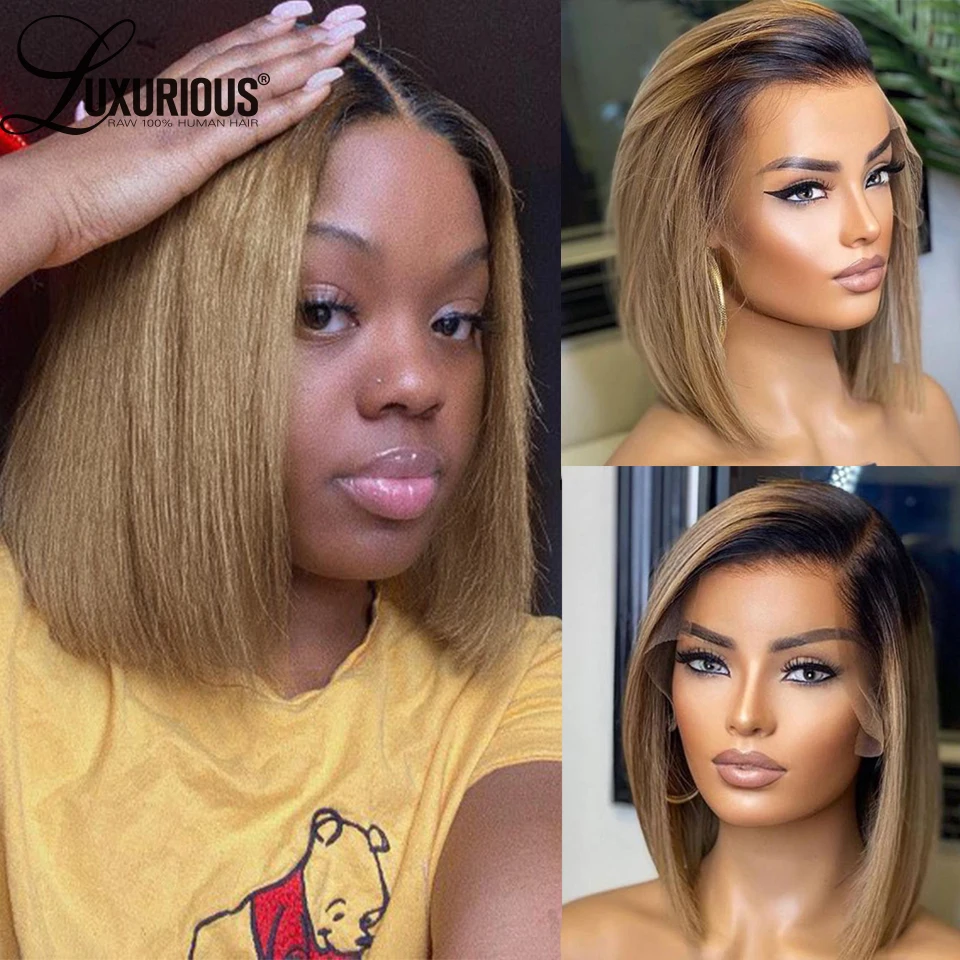 # 1b marrom colorido curto bob pixie corte perucas para cabelo humano feminino 150 densidade mel loira frente do laço bob peruca brasileira remy cabelo