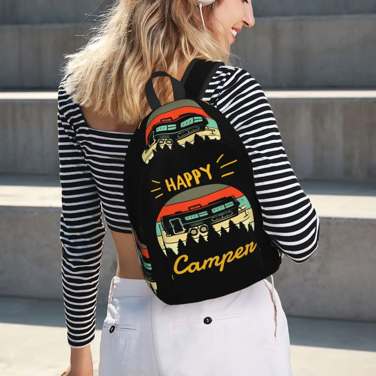 

Рюкзак Happy Camper Camping 70s Sunset RV для студентов, школьный рюкзак, походный рюкзак для путешествий, модная сумка для книг для мальчиков и девочек, сумки через плечо