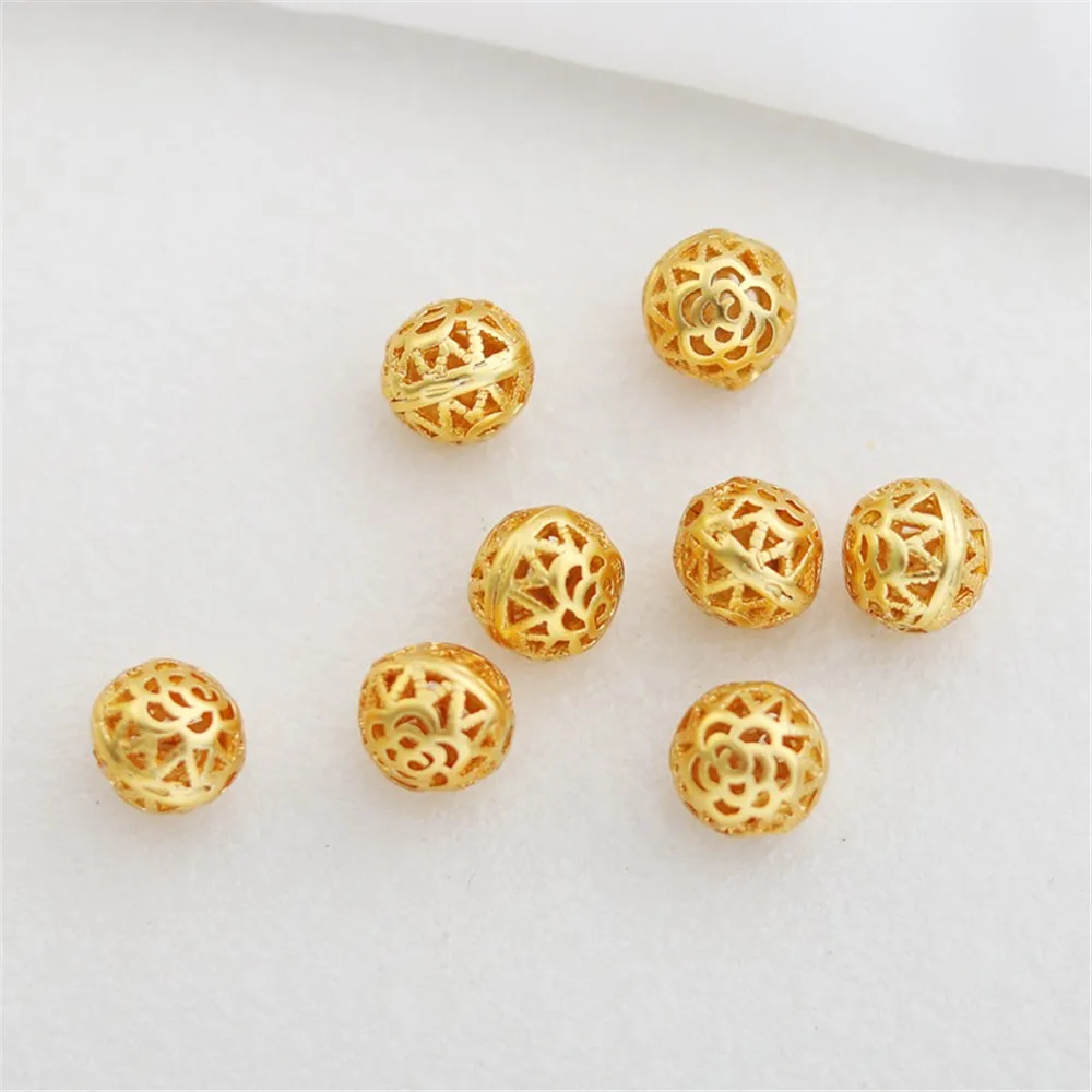 

18K Gold Matte Camellia Flower, Flower Ball, Hollow Round Bead, Bracelet Necklace, Loose Bead, Jewelry DIY Accessories, 8mm