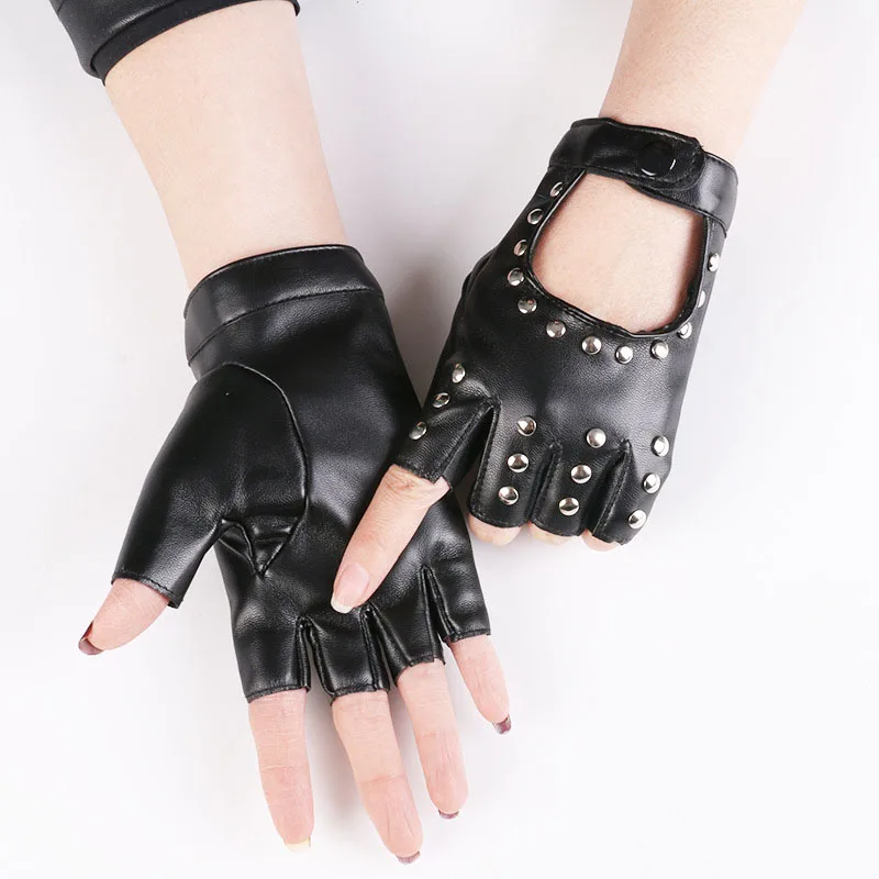 1Pair Gothic Style Punk Short PU Leather Gloves Women Half Finger Fingerless Hip-Hop Driving Motorcycle Handsome Black Gloves