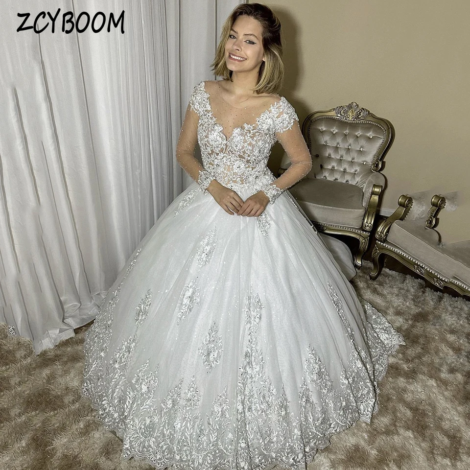 Precioso vestido de novia blanco de manga larga con cuello redondo y apliques de cuentas, vestido de baile hasta el suelo, tren de barrido con cordones, 2024