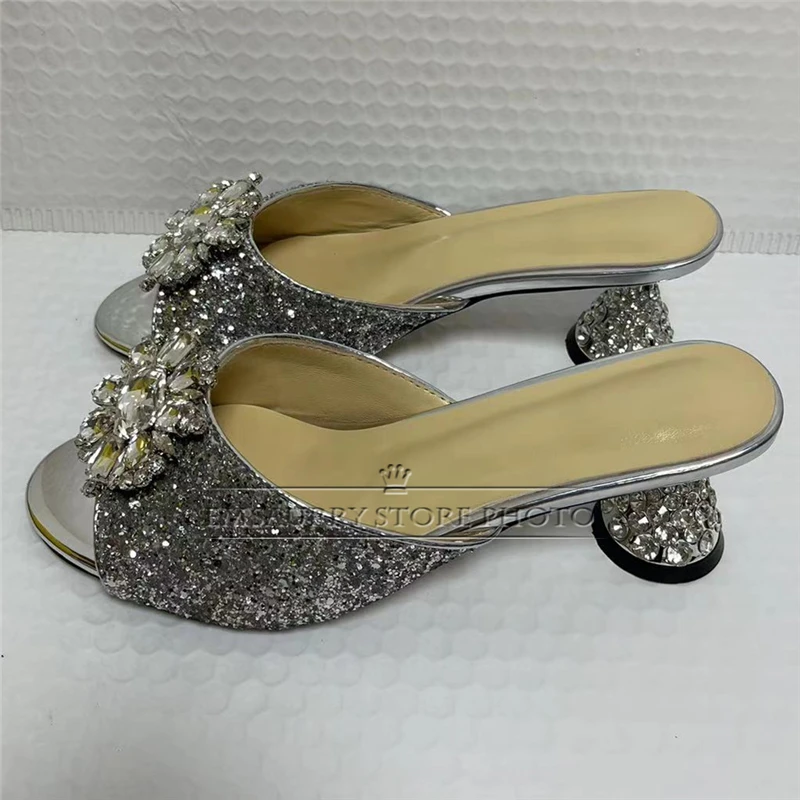 Bling Sequins Crystal Buckle Decor Sandals Women Unique Rhinestone Diamond Spike Heel Slingbacks Summer Shoes