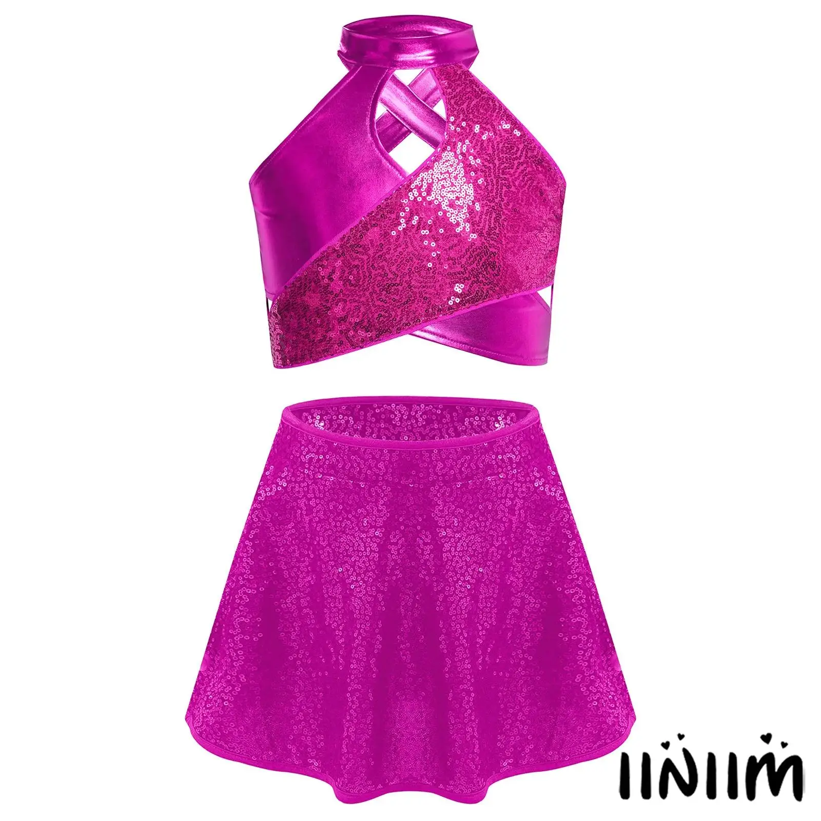 

Girl's Metallic Jazz Dance Outfit Sequin Keyhole Crop Top with Skirt Set for Latin Performances Stage Shows Dance Parties