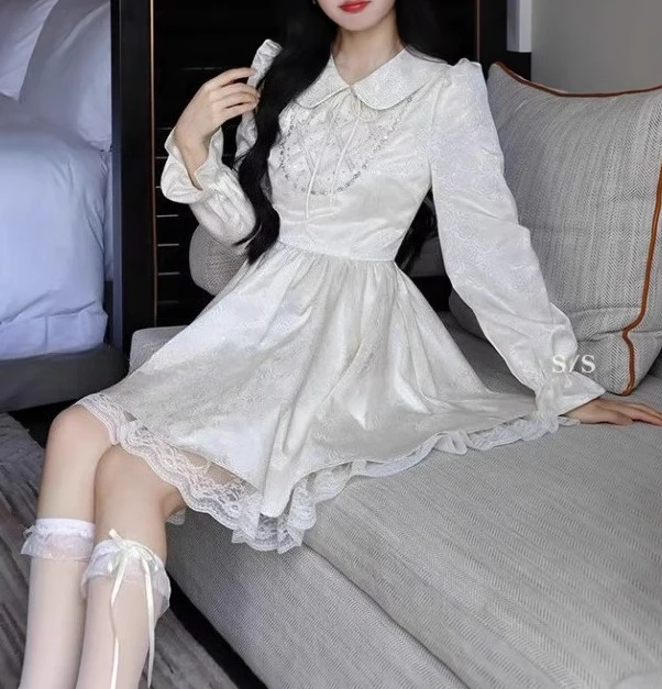 Lente Herfst Zoete Peter Pan Kraag Lange Mouw Prinses Jurk Mode Veelzijdige Leeftijdsverlagende Japanse Nep Tweedelige Jurken