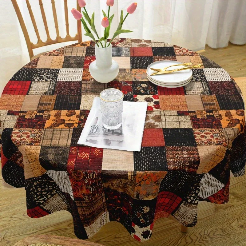 One vintage Bohemian patchwork tablecloth - round polyester fiber table cover