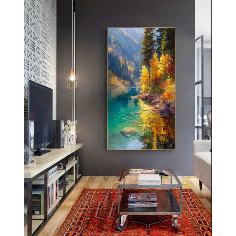Autumn Landscape Oil Painting Lake Scene Yellow Blue Green Tones Magnificent Autumn Stream Natural Symphony Modern Wall Poster