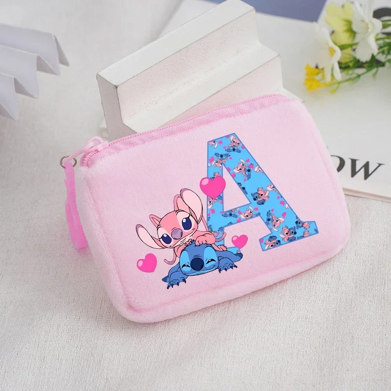 Disney Stitch Plush Coin Purse Cute Anime Cartoon A-Z Letter Stich Printed Wallet Kawaii Girls Earphone Storage Zipper Bag Gifts