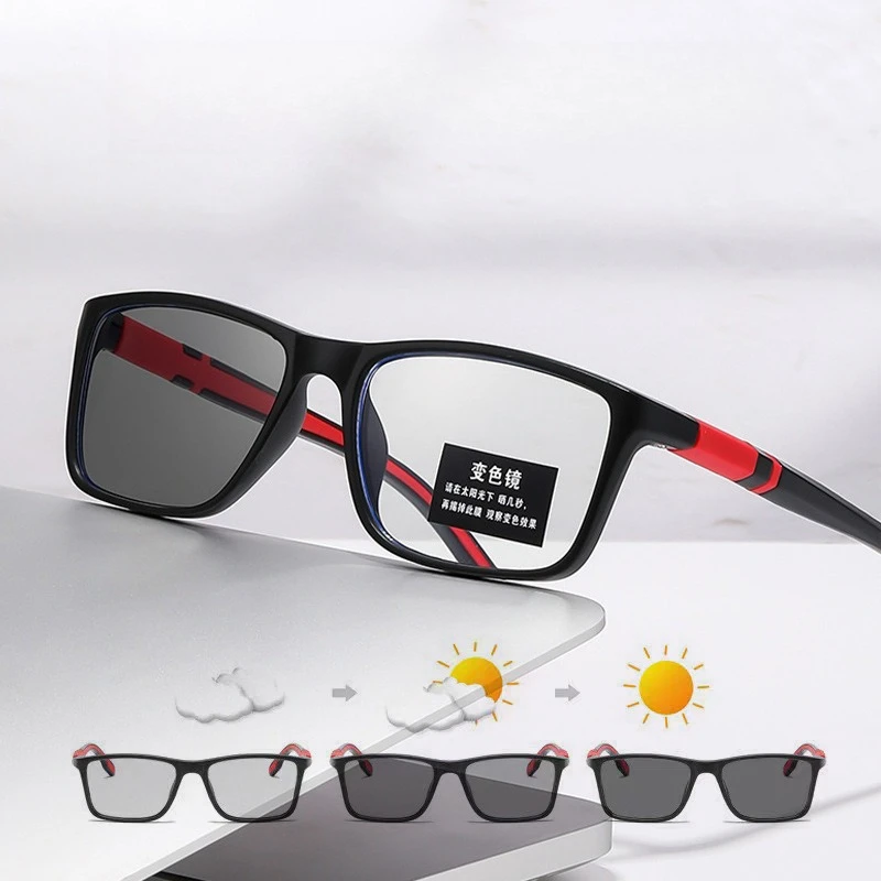Photochrome Myopie-Brille für Männer und Frauen, Sport, Anti-Blaulicht, Nahsichtbrille, Farbwechsel, schwarz-roter Rahmen – Detail 3