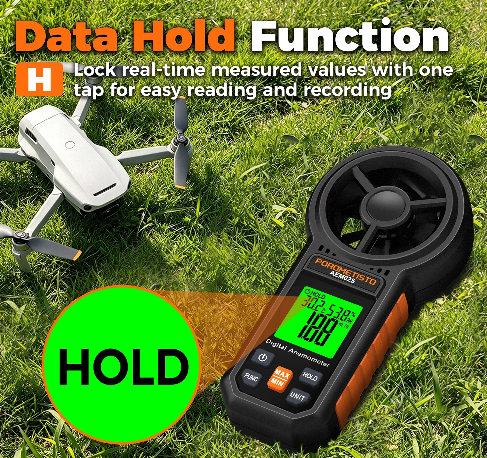 Digitales Anemometer 0,4~30,00 m/s Handgehaltenes Windgeschwindigkeitsmessgerät Luftgeschwindigkeit Luftstromrate mit LCD-Hintergrundbeleuchtung CFM CMM CMS Messwerkzeug – Detail 10