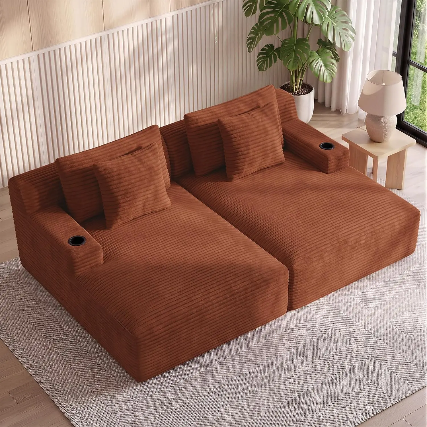 80'' Oversized Double Chaise Lounge Chair, Boneless Sofa Bed, Reddish Brown, Customized