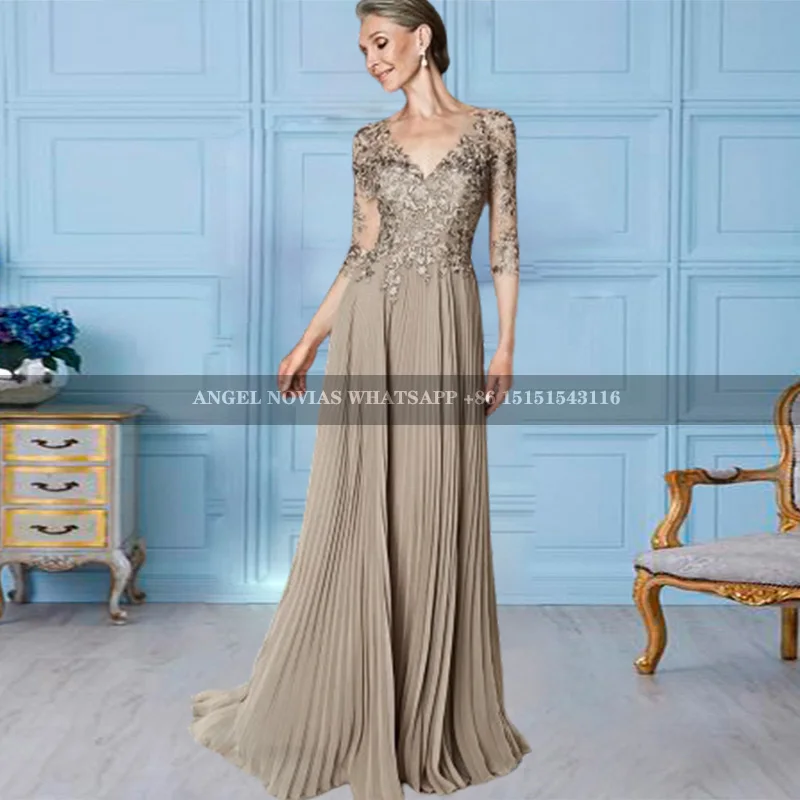 Long Khaki Pleats Chiffon Mother of the Bride Dress with Sleeves Wedding Party Dress Vestidos De Fiestas Elegantes Mujer