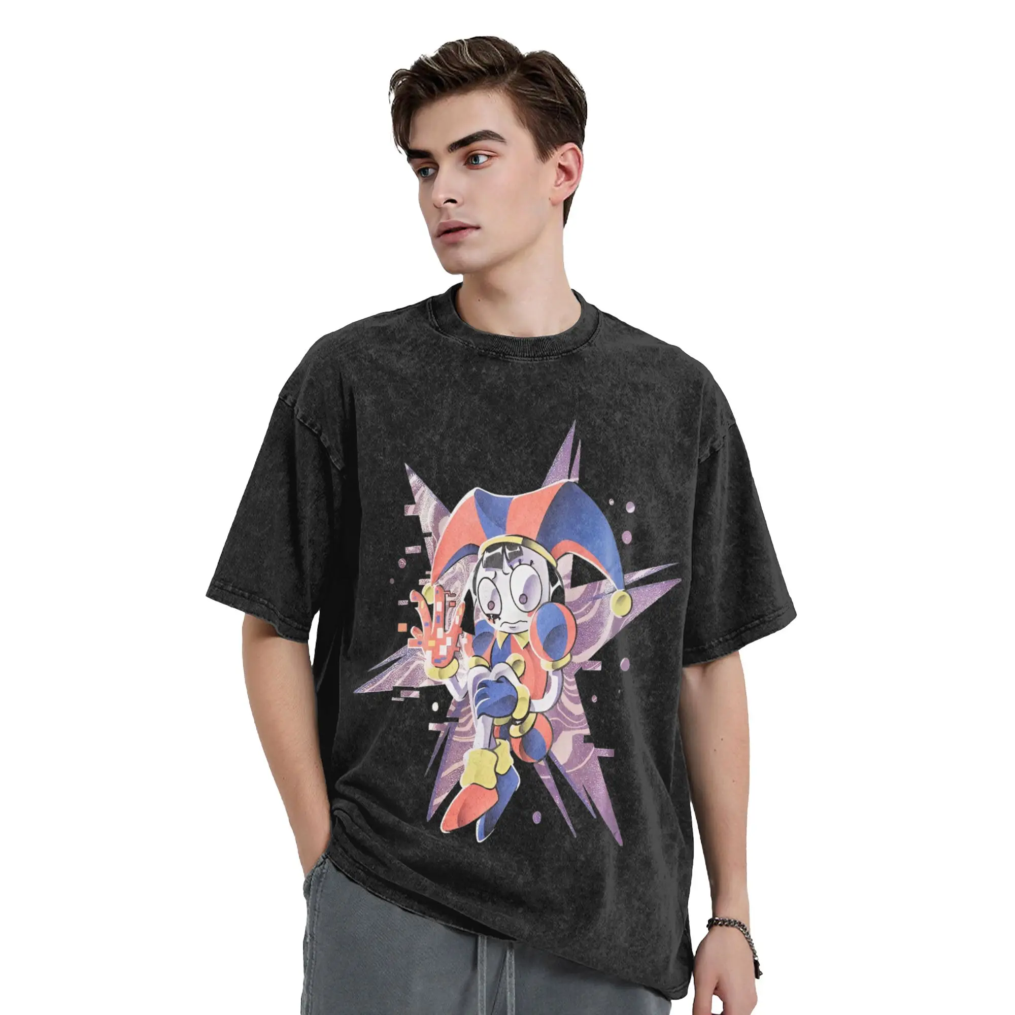 Cartoon Digitals Circus Pomni Glitter Washed T Shirt Streetwear Novelty T-Shirts  Tee Shirt Men Women Cotton High Street Graphic