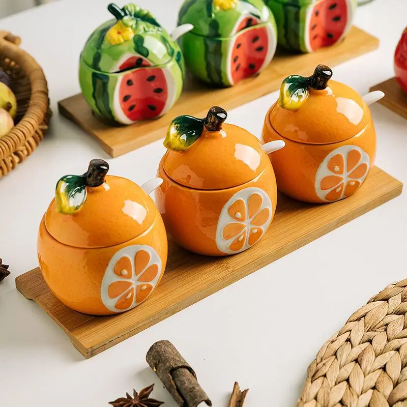 Ceramic Seasoning Jars Bottle Kitchens Accessories Fruit Melon Shape Pumpkin Tomato Spices Storage with Lid &Spoon Kitchen Items
