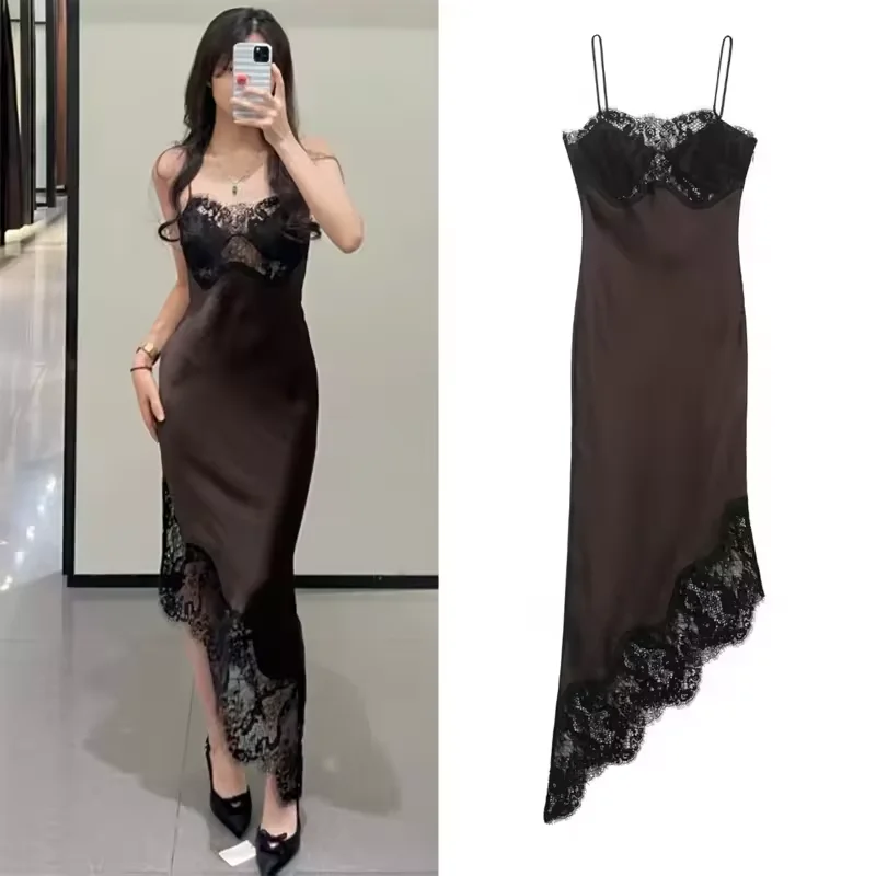 Robe mi-longue en dentelle et Satin pour femmes, Sexy, dos nu, fines bretelles, ourlet asymétrique, élégante, Chic, printemps automne