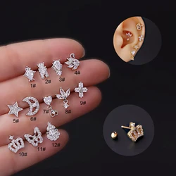 1pc 20G Titanium Crown Cartilage Stud Earrings For Women Surgical Steel CZ Crystal Helix Tragus Conch Rook Ear Piercing Jewelry