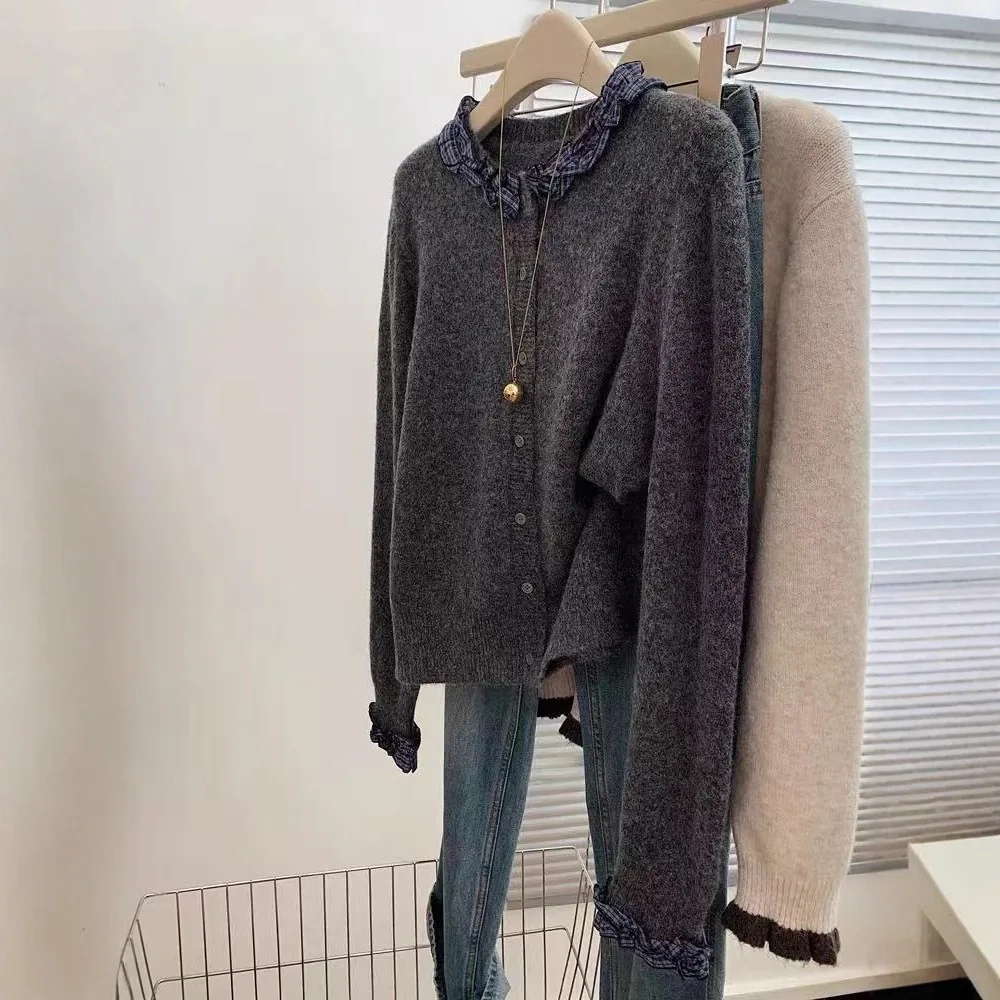 Autumn 2026 Solid Color Plaid Fungus Edge Long Sleeve Knitted Temperament Simple Cardigan Sweater Jacket with Women's Top New
