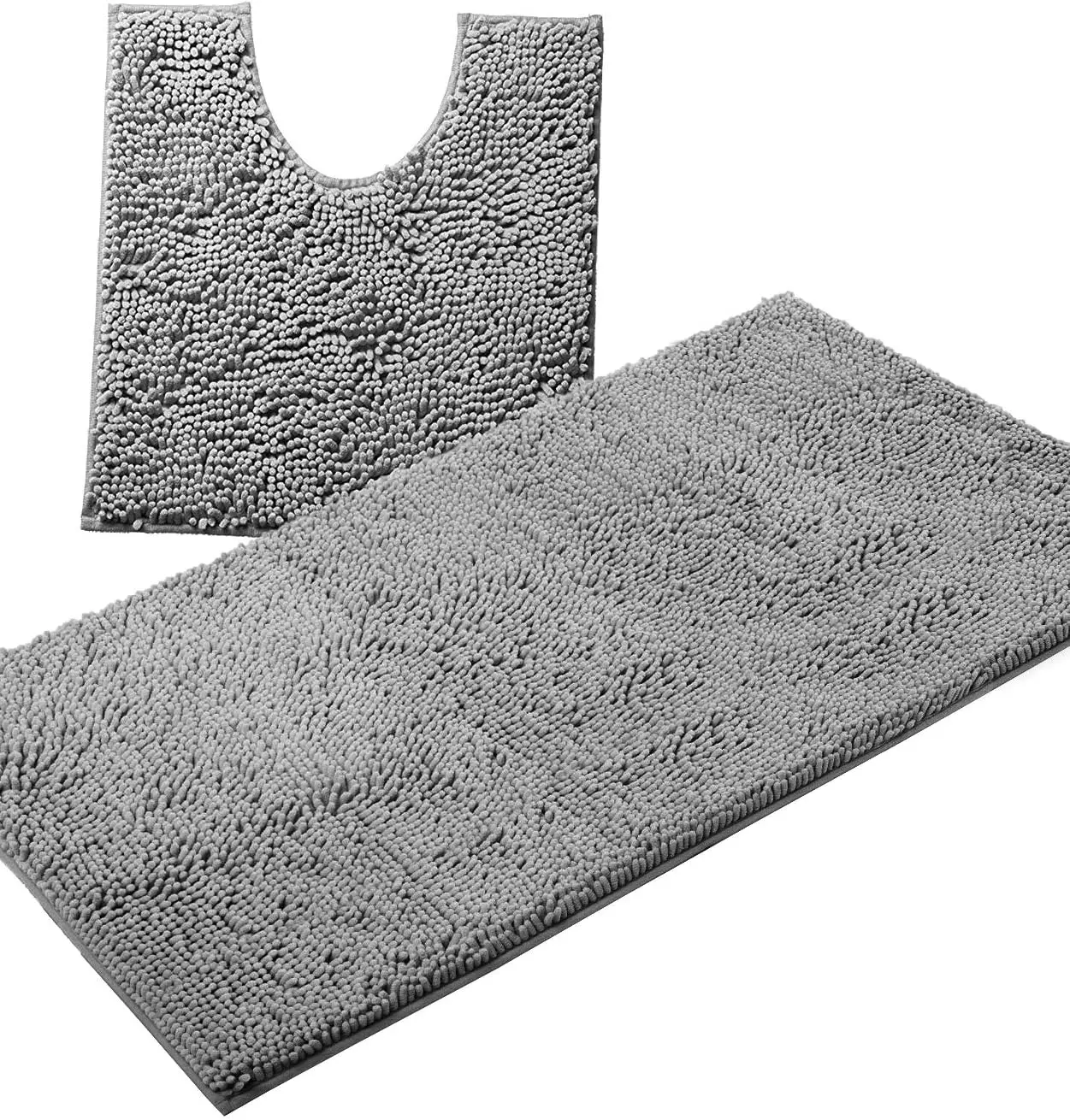 

Luxury Chenille Bath Mat Set 2 Piece, Soft Plush Anti-Slip Rug + U-Shaped Toilet Mat, Super Absorbent Microfiber (Light Grey)