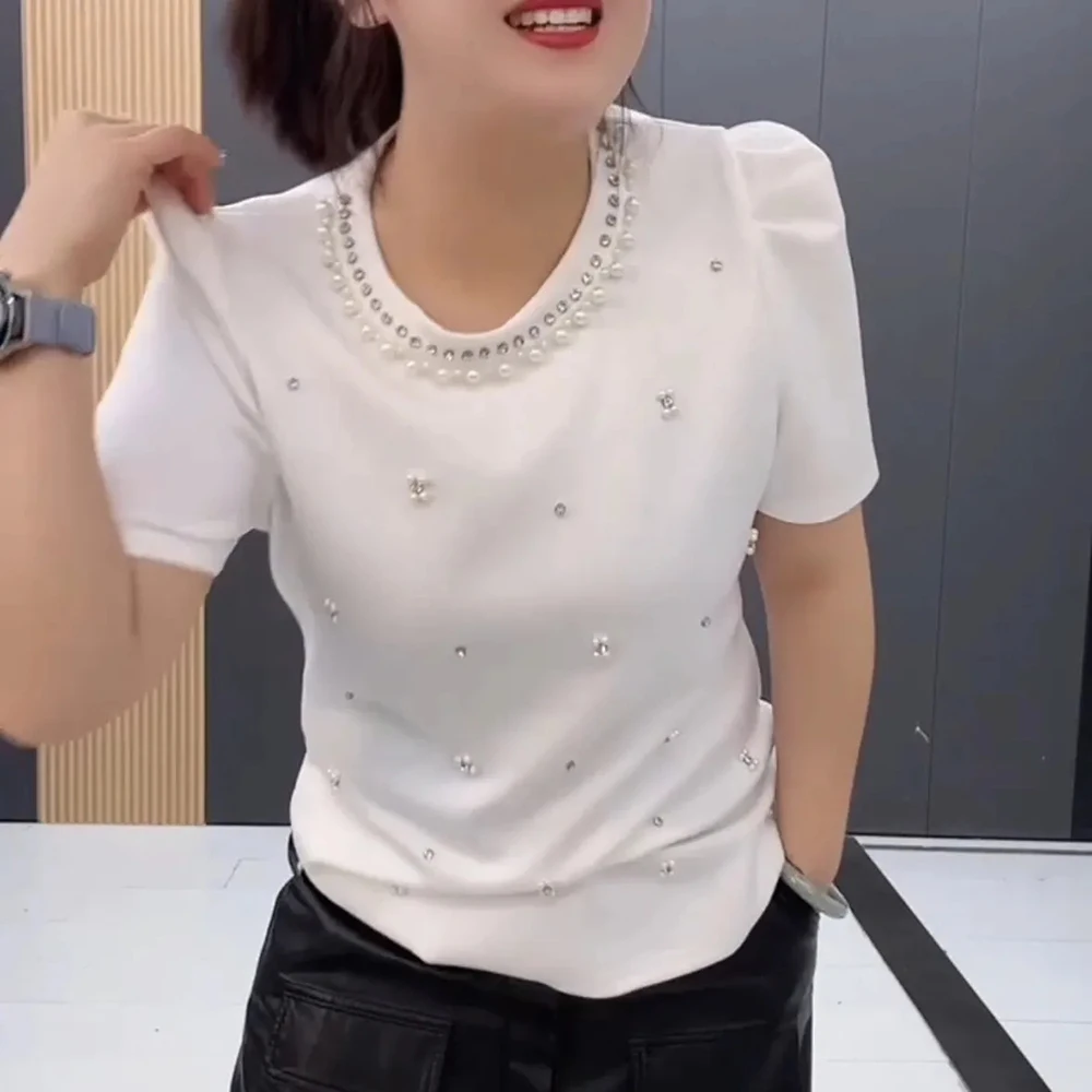 Korean Style Pearls Black Tees 2024 Summer Fashion Bubble Sleeve Cotton T-shirt Women Beading Diamonds O-Neck White Slim Tops