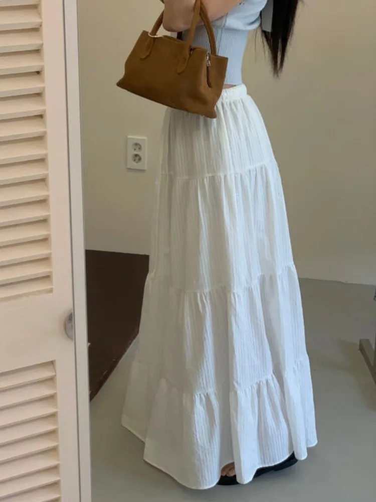 Dongda Gate Summer New Elastic Waist Drawstring  Color Versatile Refreshing Midi Skirt Women's Fashion Korean Style