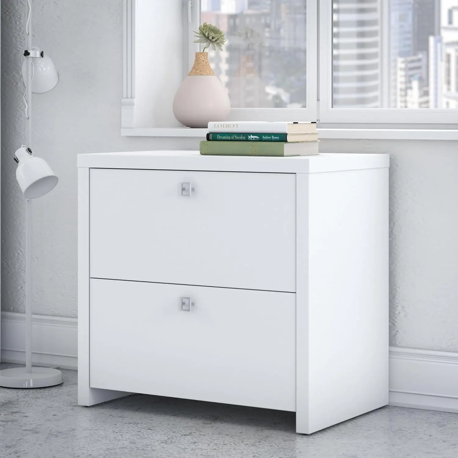 Lateral File Cabinet in Pure White with Satin Silver Handles Home Office Storage for Letter Legal and A4-size Documents