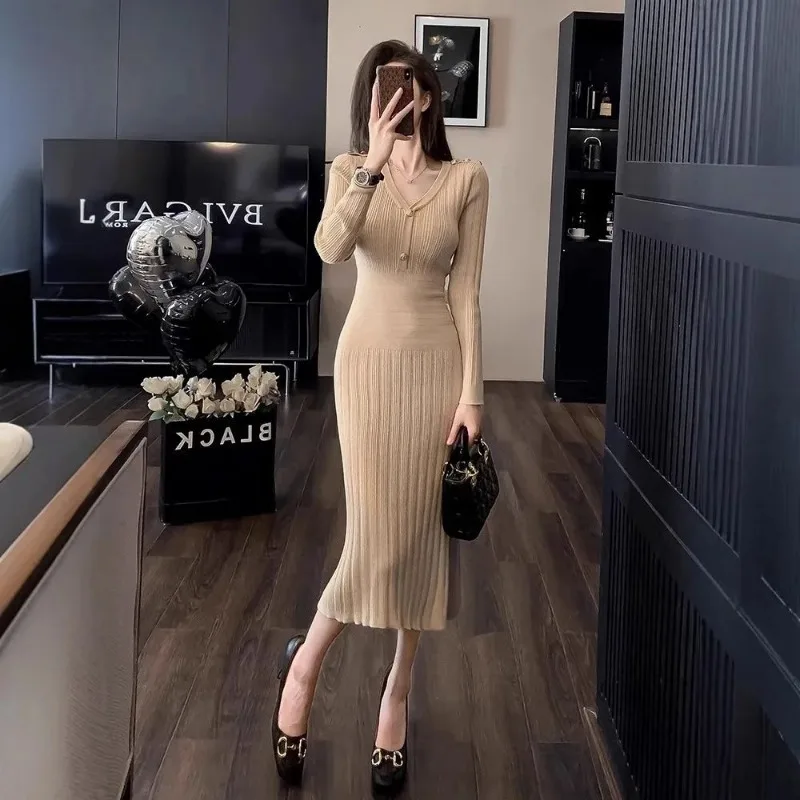 Womens V Neck Drawstring Ribbed Knit Long Sleeve Bodycon Midi Dress