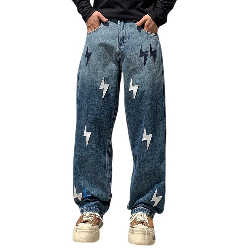 K 116801 미국 하이 스트리트 라이트닝 그라데이션 컬러 청바지 남성 트렌디 브랜드 루즈 스트레이트 와이드 레그 넷 레드 캐주얼 헌드레