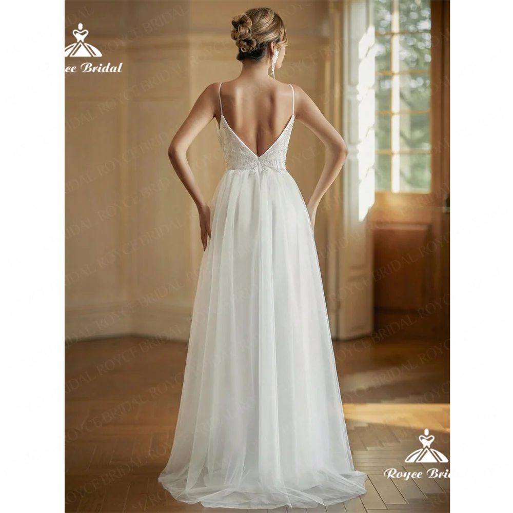 Roycebridal-vestido de novia de línea A con cuello en V, traje de gasa con cola de barrido, 2025