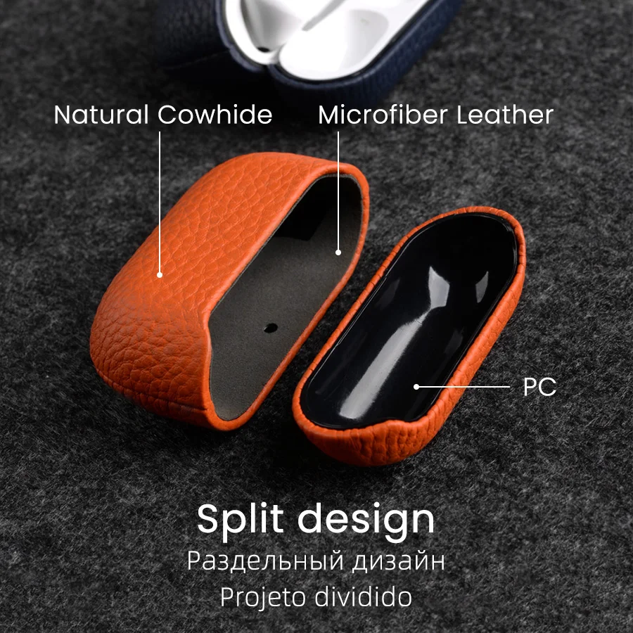 本革のAirPodsProケース,Bluetoothイヤホン,天然牛革アクセサリー,ライチパターン,Apple Airpods 3,2