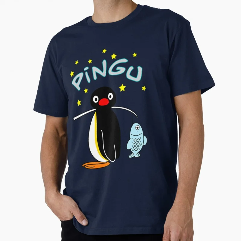 

Pingu Fishing Noot Noot Pingu meme Gift t shirt for man Cute penguin Graphic clothes All size tops S-6XL Funny cartoon Tee