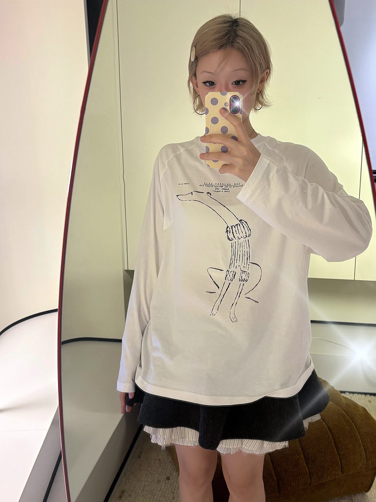 Sakura Poodle Long Sleeve Women's T-shirt Sun Protection Lazy Shoulder Insert Design Casual Loose Fit Cotton Blend Top