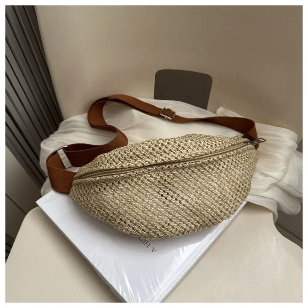 

Half Moon Straw Woven Bag Pocket Phone Bag Large Capacity Woven Handbag Anti-theft Phone Holder Adjustable Sports Pouch