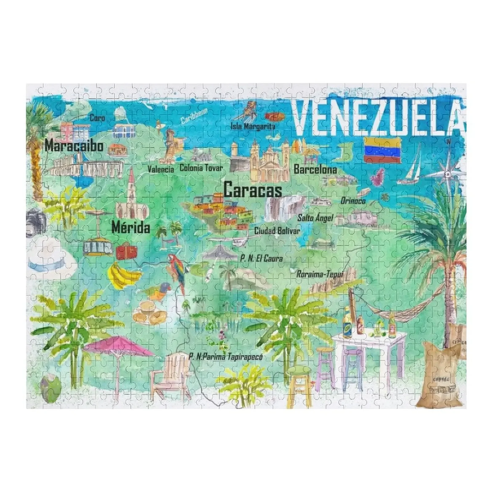 

Venezuela Illustrated Travel Map with Tourist Highlights Jigsaw Puzzle Personalized Kids Gifts Custom Name Child Toy Puzzle