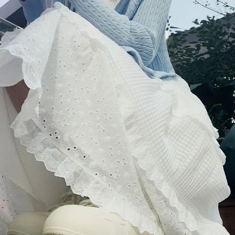 Jupes mi-longues décontractées en dentelle blanche pour femmes, taille haute, ligne A, longues, élégantes, minces, vêtements féminins, style preppy