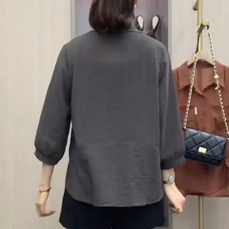 Summer Women's 2024 New Spliced Polo Collar Button Pocket Fashion Solid Color Loose Minimalist Casual Long Sleeve Blouses Shirts